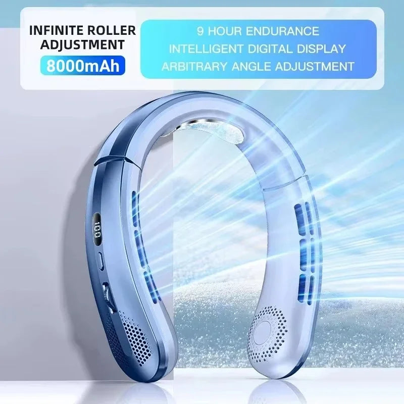 2026 New 8000mAh Portable Hanging Neck Fan Bladeless Neckband Fan Digital Display Power Air Cooler USB Rechargeable Electric Fan