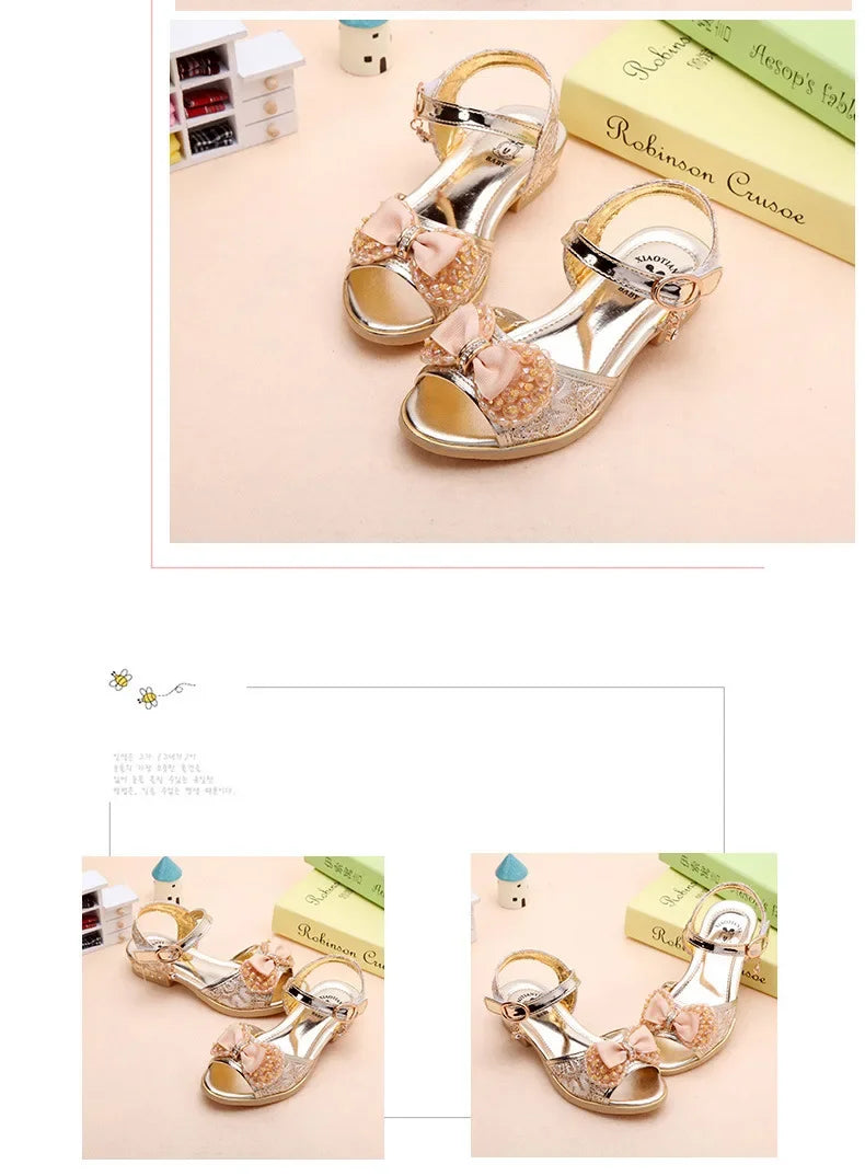 Summer Princess Children's Sandals Girls Sequins Low Heels Non-slip Shoes Fashion Bowknot Kids Beach Sandals Causal Versatile