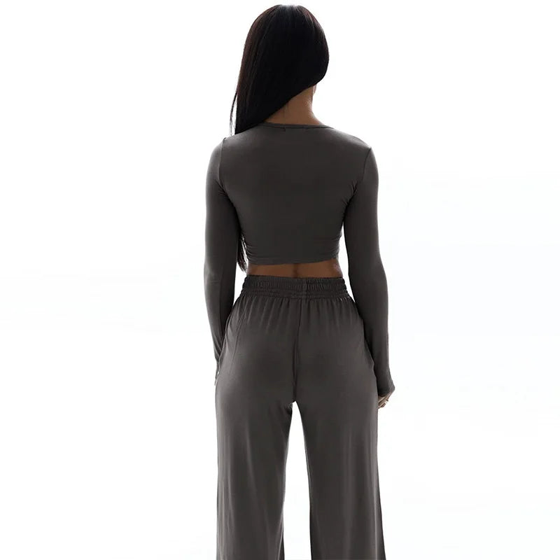 Spring New Women's T-shirt Loose Pants 2 Piece Long Sleeves O-Neck Tees Casual Slim Fashion Trouser Solid Basic Female Clothing