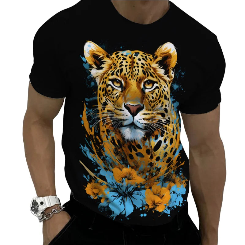 Fashion Lion Leopard Graphic T-Shirt For Men Cool Animals 3D Printed Tees Summer Round Neck Tops Oversized Short Sleeve T Shirts