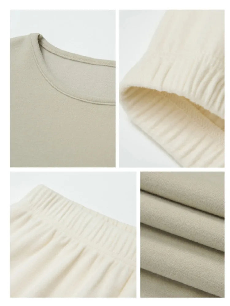 Autumn Winter Women Double-sided Brushed Pajamas T Shirt Pant Two Piece Set for home