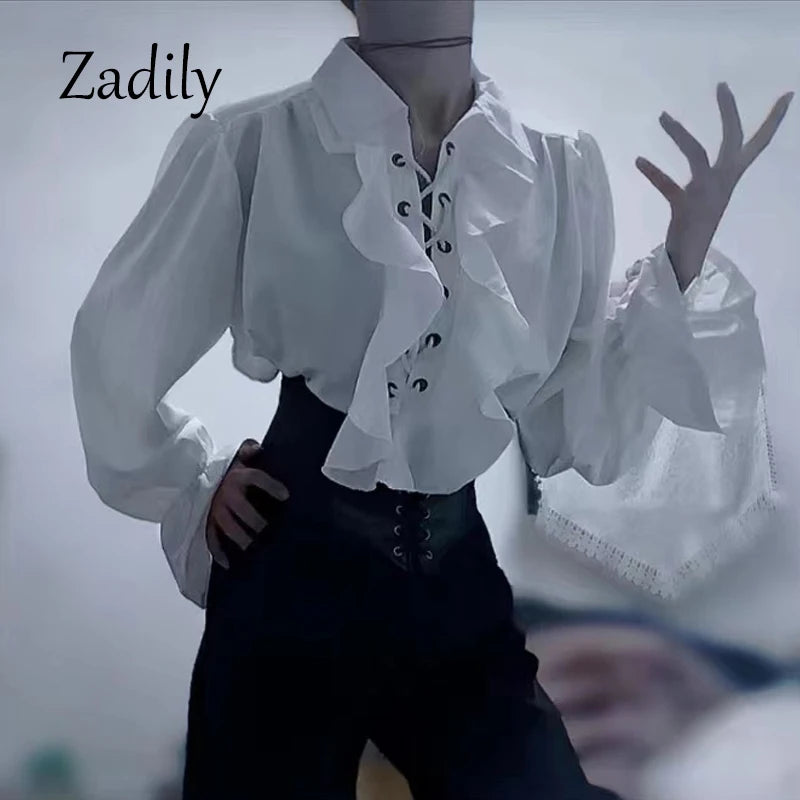 2025 New Women Pirate Shirt Vampire Prince Poet Shirts Medieval Buccaneer Frills Lace Up Renaissance Vintage Gothic Blouse Tops
