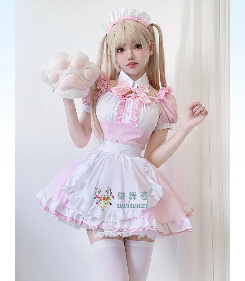 Japanese Sweet Cute Lolita Dress Maid Cosplay Costume Pink Bow Maid Dress Girl Fashion Stage Perfermance Fancy Costume Catwomen