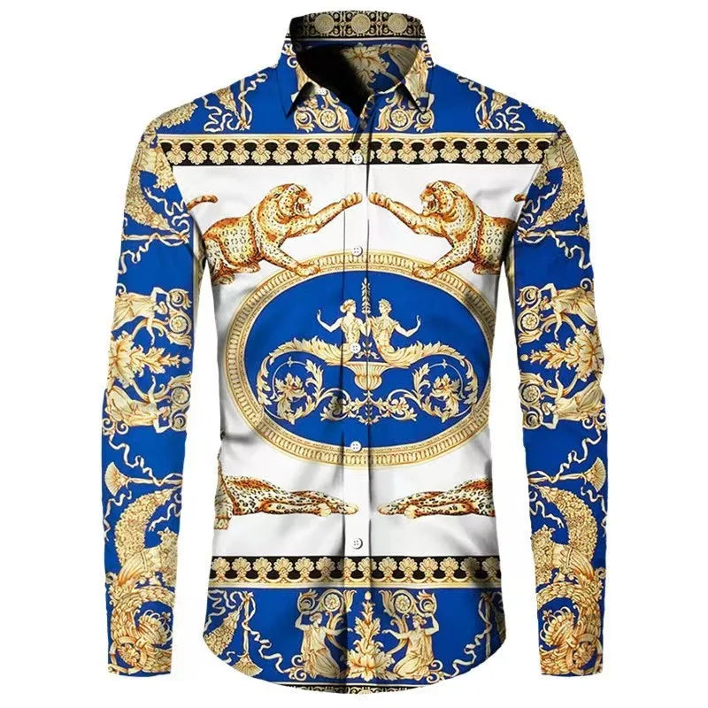 Newest Autumn Shirts For Men 3D Baroque Long Sleeve Luxury Social Shirt V-neck Oversized Tops Tees Shirt Homme Autumn Clothin