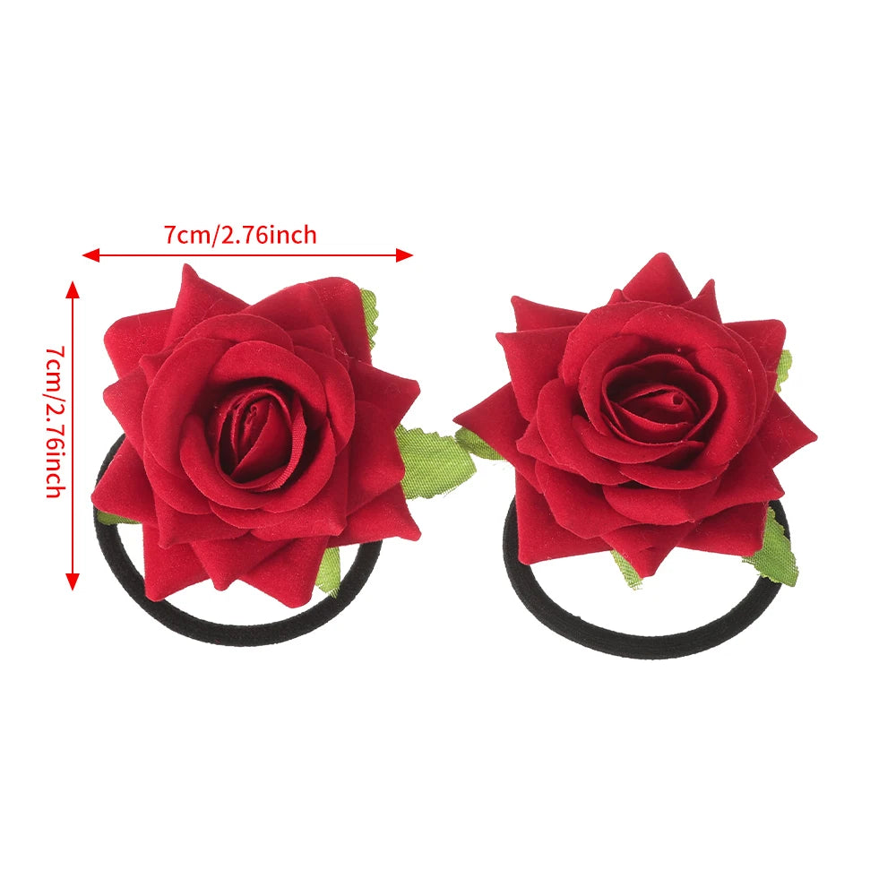 AWAYTR 2pcs New Girls Hair Rope Simulation Flower Cloth Elastic Hair Bands Rose Hair Ties Woman Hair Accesories Wholesale