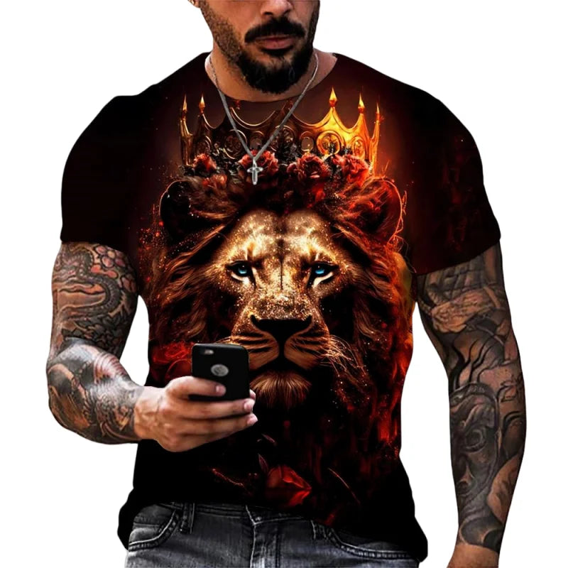 Fashion Lion Leopard Graphic T-Shirt For Men Cool Animals 3D Printed Tees Summer Round Neck Tops Oversized Short Sleeve T Shirts