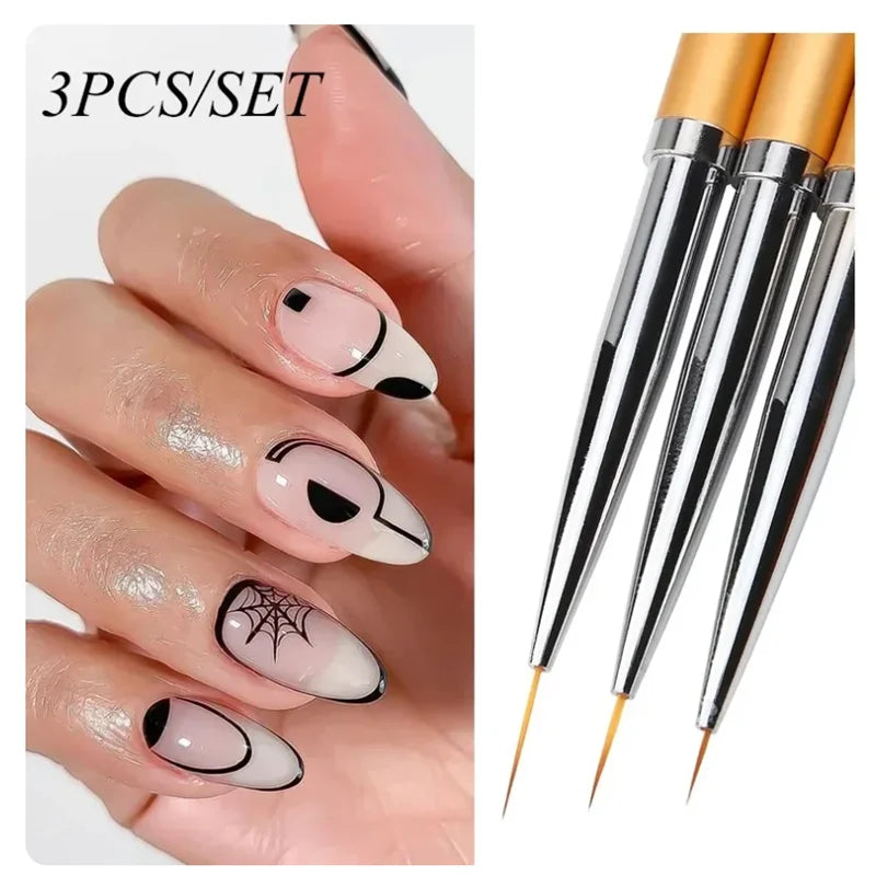 Fine Tip Nail Art Liner Brush 3Pcs Acrylic 3D Line Striping Pen UV Gel Drawing Brush Set for French Manicure DIY Painting