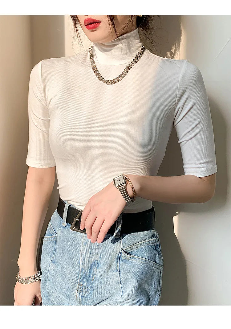Basic  T Shirt Women Turtleneck Slim Tshirt Short Sleeve T-shirts Female Casual Elasticity White Tee Shirt Femme Woman Top