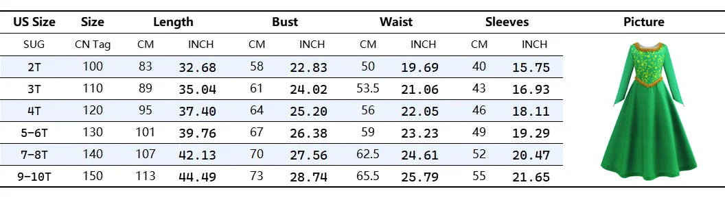 Fiona Dress Halloween Shrek Cosplay Fantasy Dress Up Green Princess Costume Children Elegant Gown Kids Long Sleeve Print Frocks