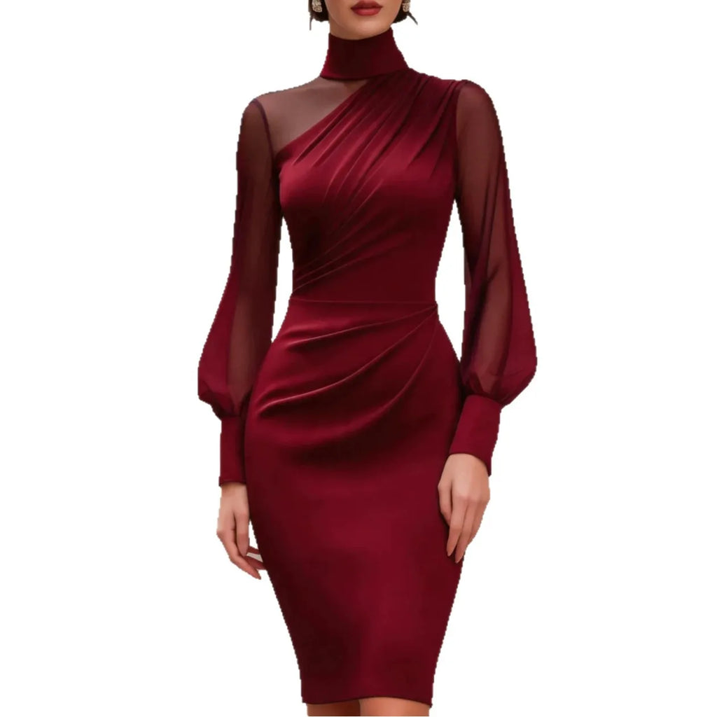 2026 Summer New Fashionable Mesh Lantern Sleeve Sleeve Bodycon Midi Dress Elegant Sheer Panel Cocktail Party Formal Evening Wear