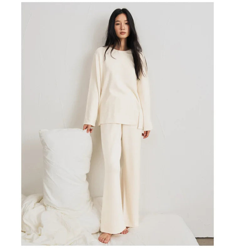 Autumn Winter Women Double-sided Brushed Pajamas T Shirt Pant Two Piece Set for home