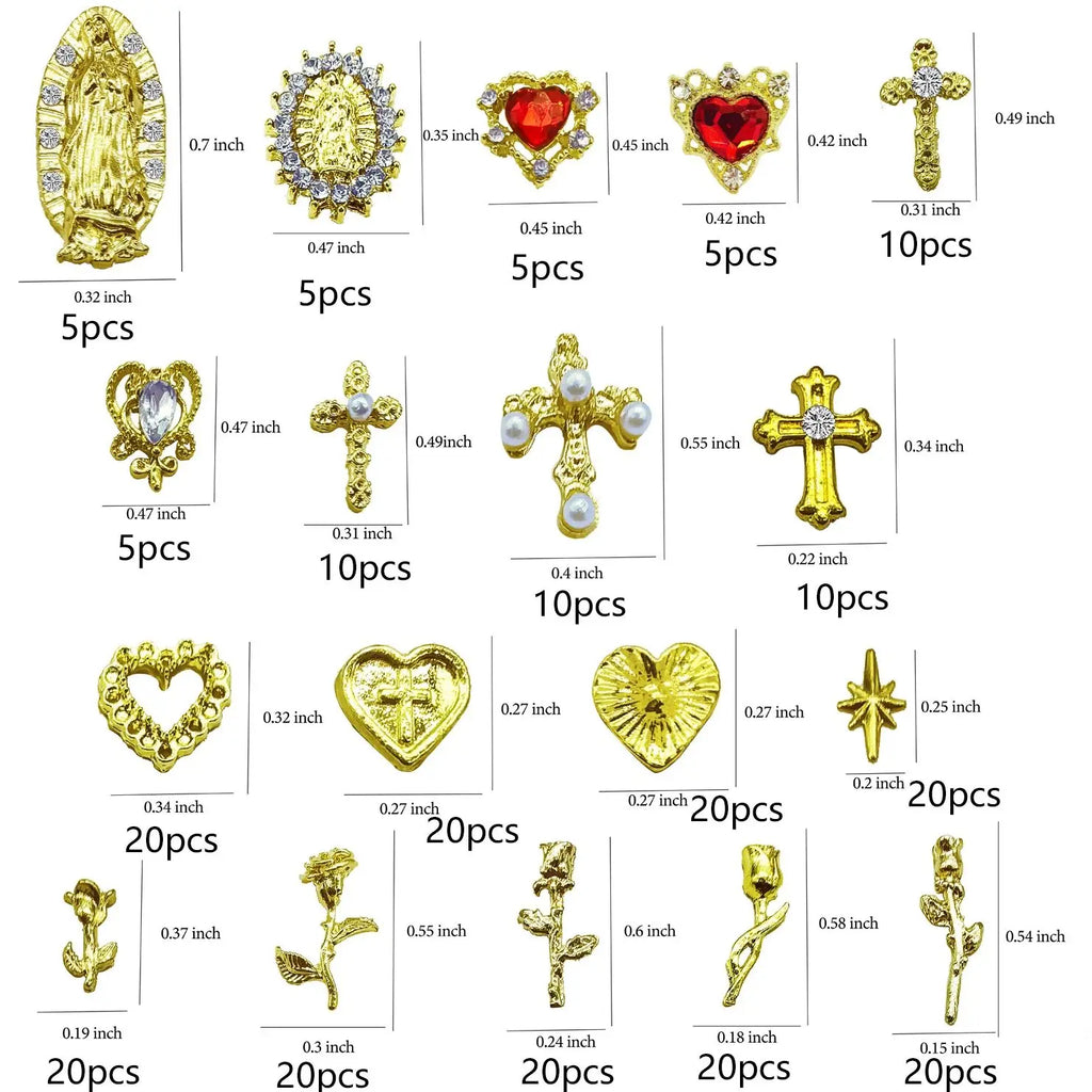72pcs Gold Nail Charms Set with Gold Cross, Hearts, Rose, and Virgin Mary - Y2K 3D Chrome Nail Decorations