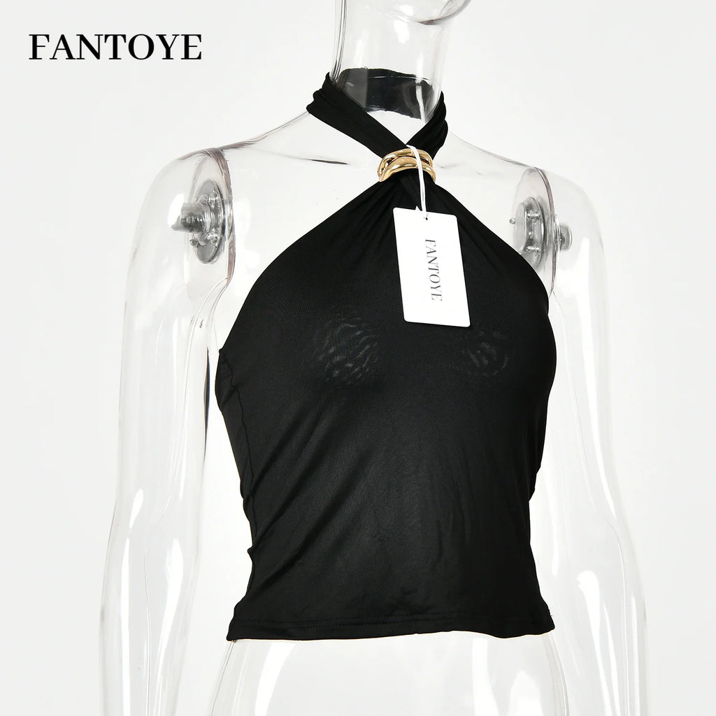 Fantoye Sexy Backless Metal Ring Halter Women Top Black Hollow Out Off Shoulder Crop Vest Female Summer Slim Elegant Streetwear