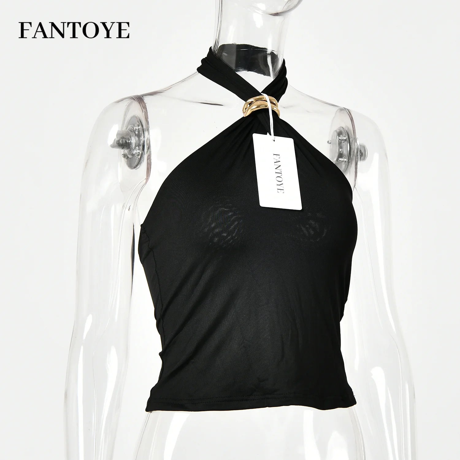 Fantoye Sexy Backless Metal Ring Halter Women Top Black Hollow Out Off Shoulder Crop Vest Female Summer Slim Elegant Streetwear