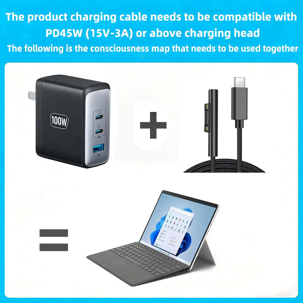 15V 3A Type C Power Supply Charger Adapter USB C PD Charging Cable for Microsoft Surface Pro 8/7/6/5/4/3 Laptop Book 3/2/1 GO