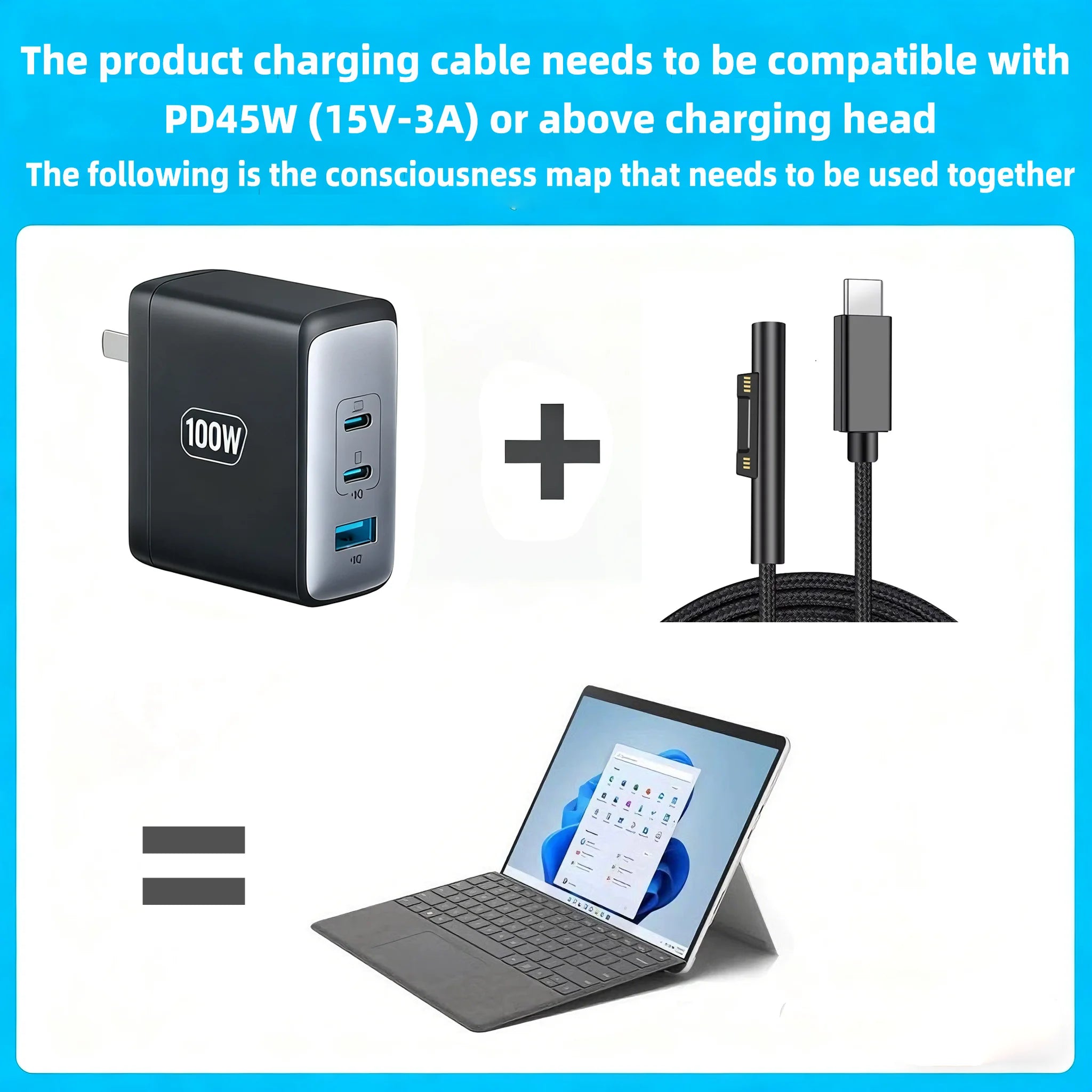 15V 3A Type C Power Supply Charger Adapter USB C PD Charging Cable for Microsoft Surface Pro 8/7/6/5/4/3 Laptop Book 3/2/1 GO