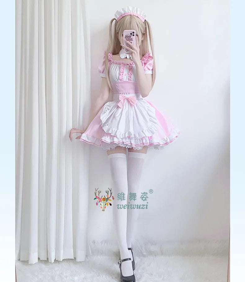 Japanese Sweet Cute Lolita Dress Maid Cosplay Costume Pink Bow Maid Dress Girl Fashion Stage Perfermance Fancy Costume Catwomen