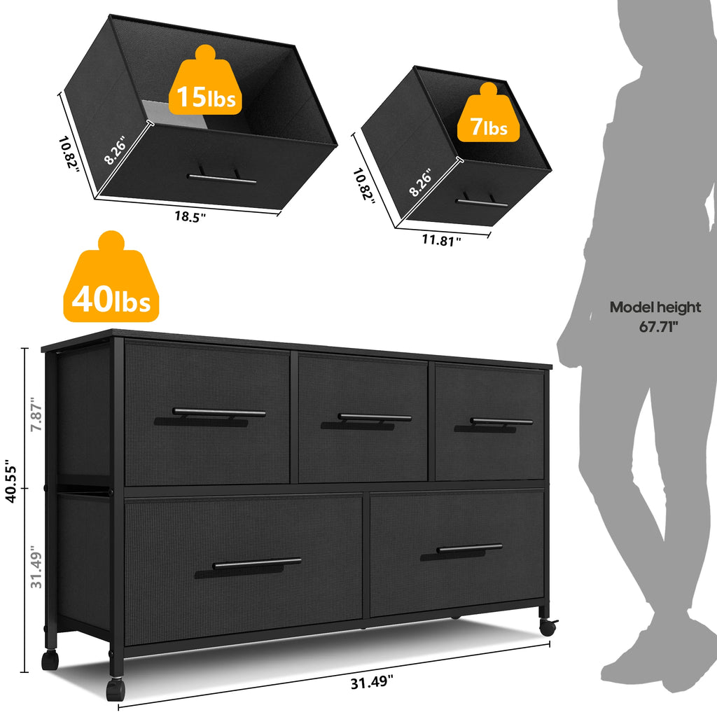 Chest of Drawer Dresser for Bedroom with 5 Fabric Drawers TV Stand with 4 Castors Storage Organizer Unit for Living Room