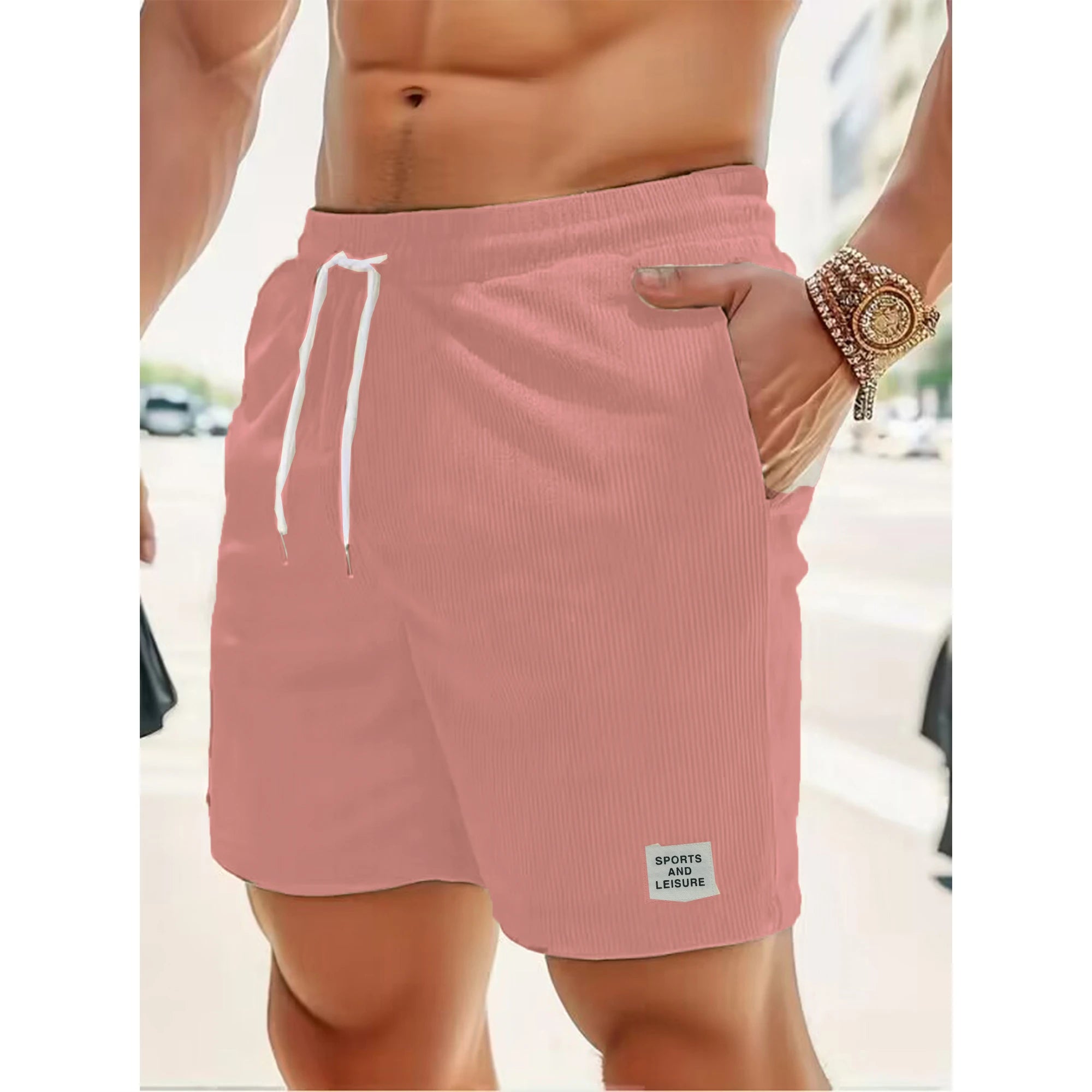 Summer new solid color lace-up sweatpants corduroy simple quarter shorts men's shorts casual pants