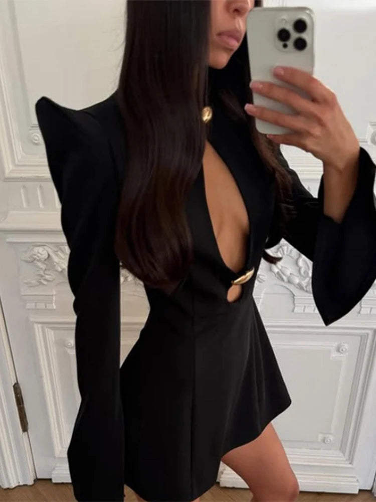 Black Hollow Out Mini A-line Dress Women Sexy Round Neck Full Sleeve Waist Cinching Short Dresses 2025 Lady Chic Party Club Robe