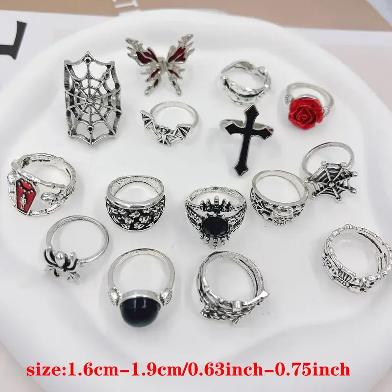 10/20/30Pieces Vintage Punk Spider Skull For Women Men Mix Style Gothic Dark Style Halloween Finger Rings Jewelry Party Festival