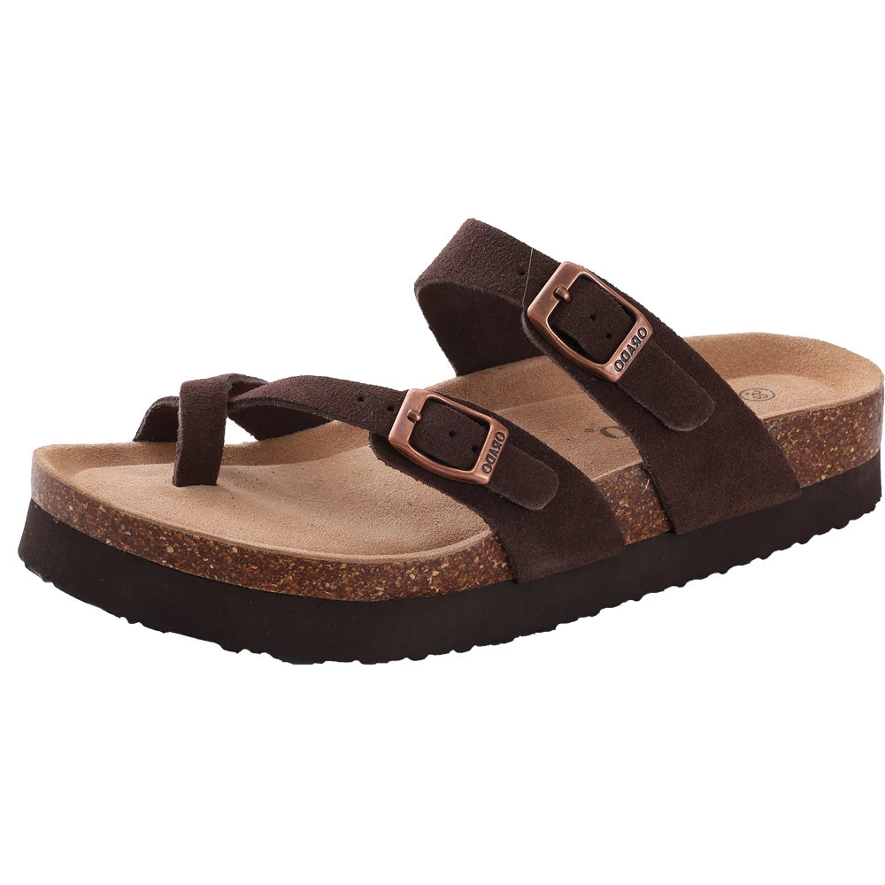 Litfun Women's Cork Footbed Sandals Classic Flat Sandals Fashion Thick Bottom Double Buckle Slides Beach Sandals With Adjustable