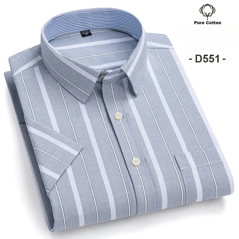 2026 100% Pure Cotton Men's Oxford Short Sleeve Square Collar Soild Plaid Striped Summer Casual Shirts Single Pocket  Shirt