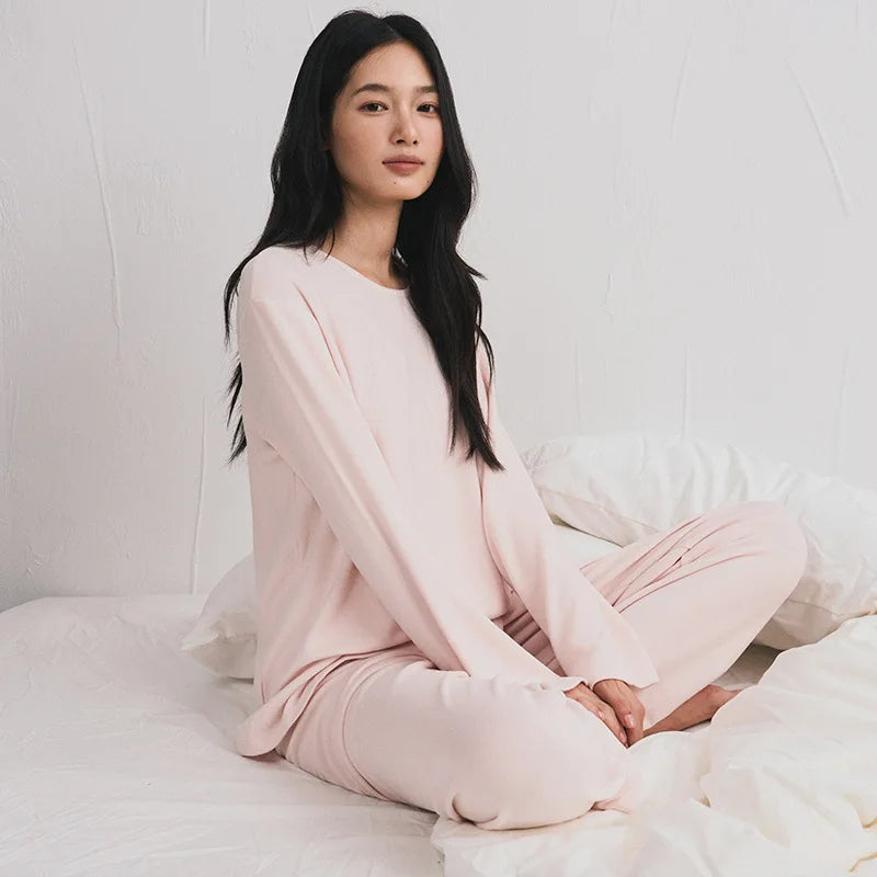 Autumn Winter Women Double-sided Brushed Pajamas T Shirt Pant Two Piece Set for home