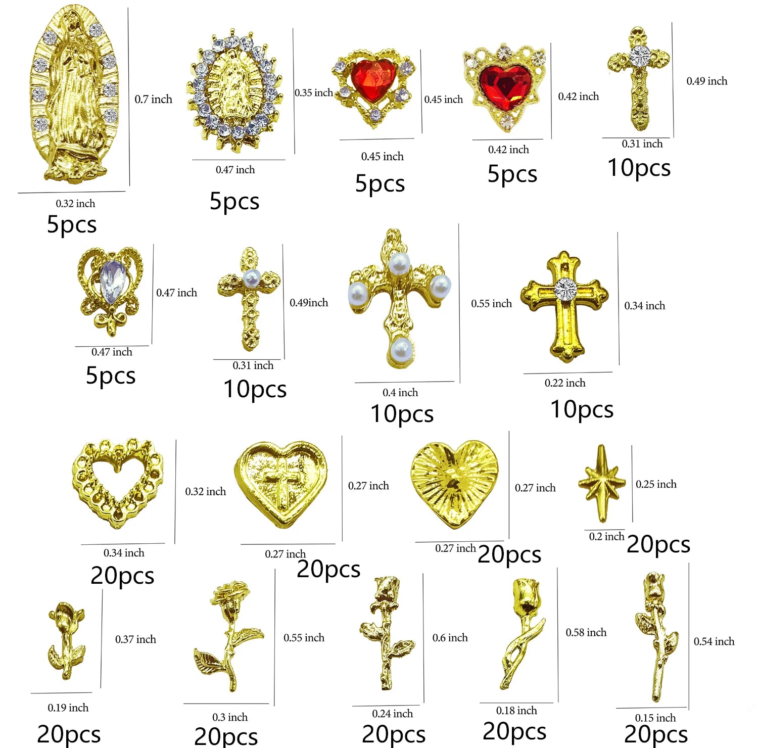 72pcs Gold Nail Charms Set with Gold Cross, Hearts, Rose, and Virgin Mary - Y2K 3D Chrome Nail Decorations