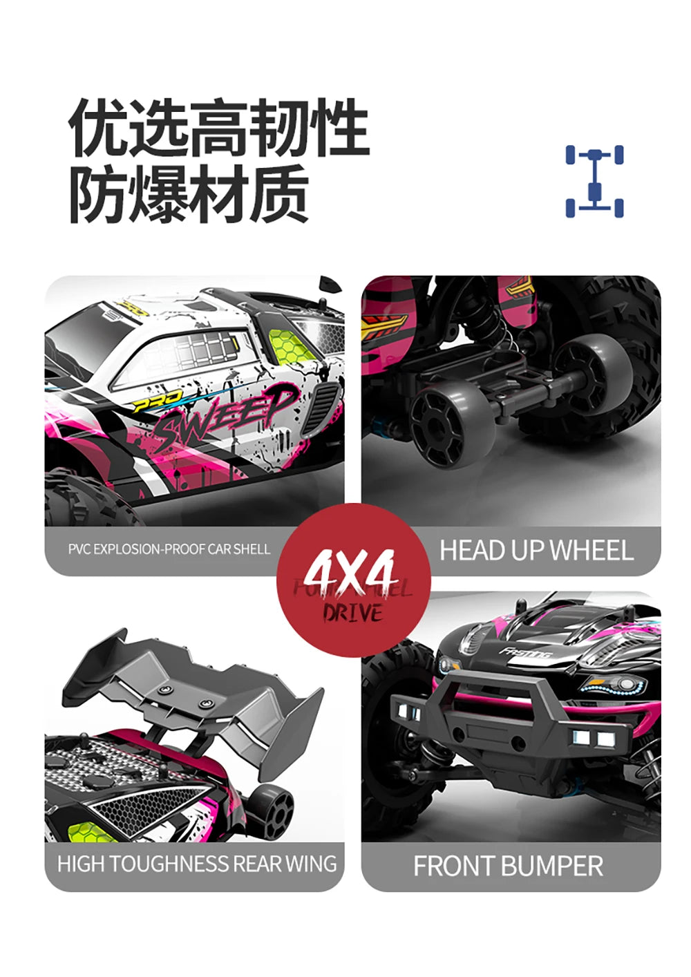 SCY 1:16 4WD RC Car 70KM/H Or 50KM/H With LED Light 2.4G Remote Control Cars High Speed Drift Monster 4x4 Truck for Children Gif
