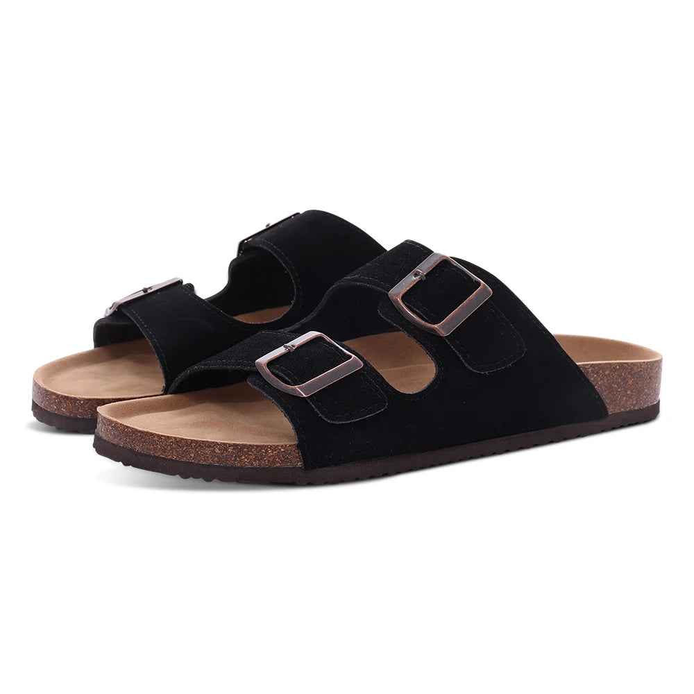 Litfun Women's Cork Footbed Sandals Classic Flat Sandals Fashion Thick Bottom Double Buckle Slides Beach Sandals With Adjustable