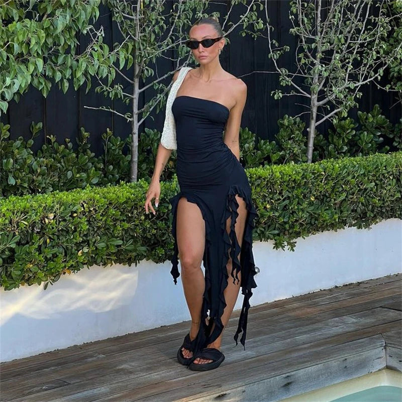 2024 Summer Maxi Women's Dress Vintage Elegant black Fashion Sleeveless Slim Backless Irregular Tassel Party Dresses Street Robe