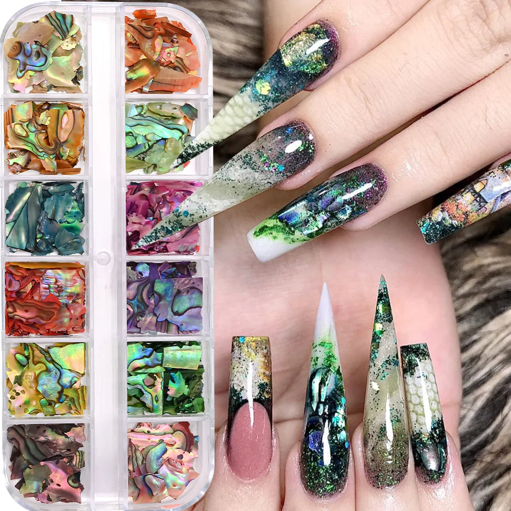 Set 12 Colores Láminas de Concha de Abalón para Nail Art – Efecto Aurora