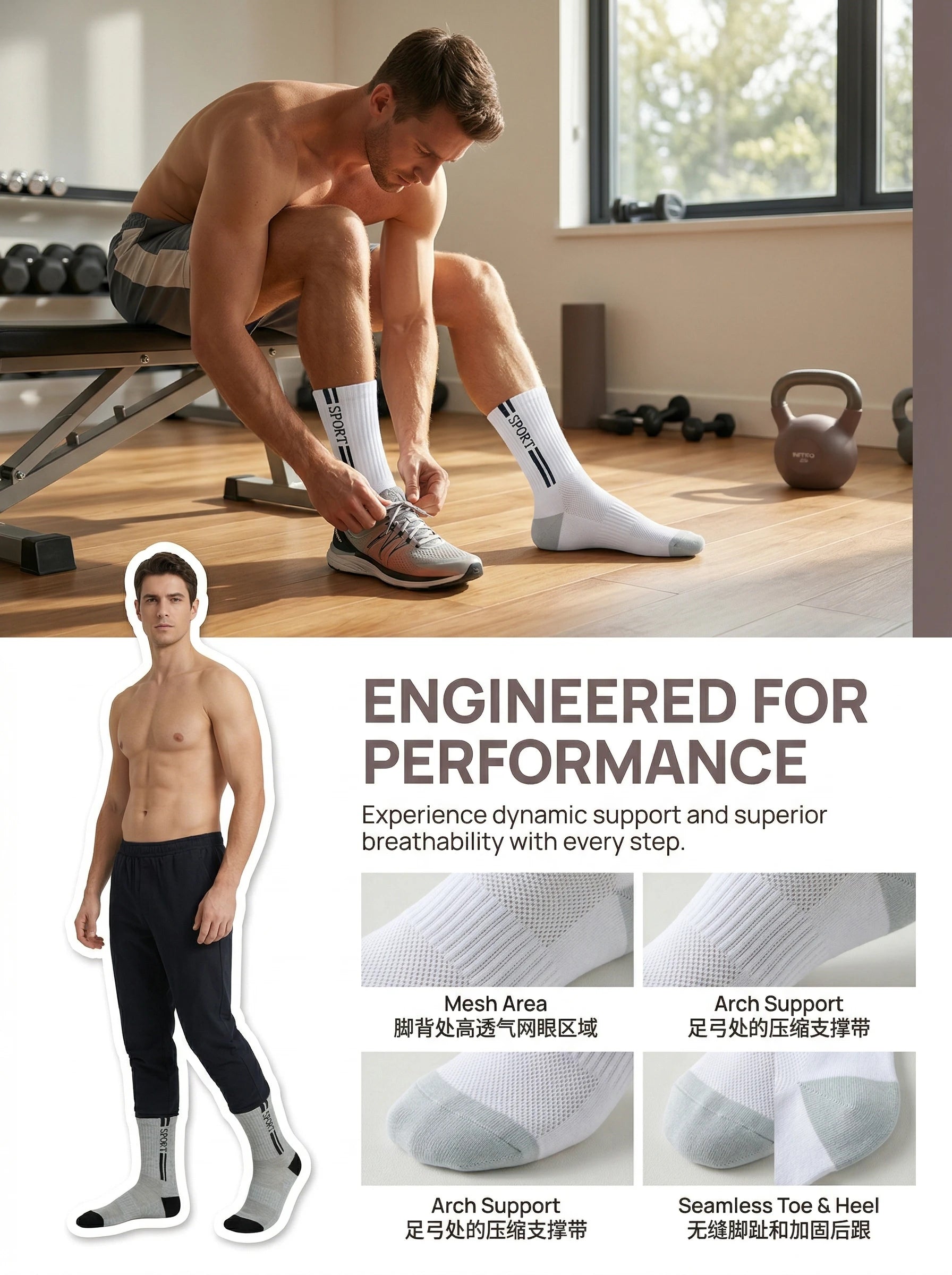 Men's Breathable Mesh Sport Crew Socks, Combed Cotton Anti-Odor Sweat Wicking Athletic Socks for Running Gym Daily Wear, 5 Pairs