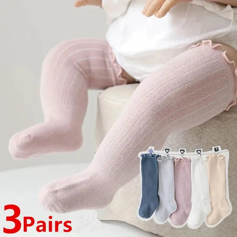 Baby Girls Lace Knee High Socks – 3 Pairs Frilly Ruffle Cotton Long Socks for Newborns & Infants
