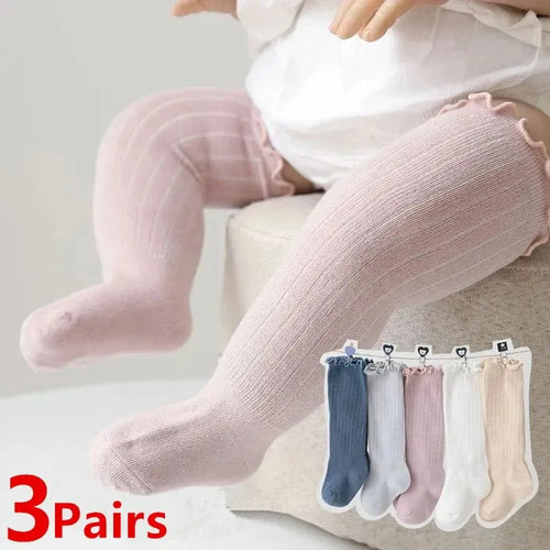3Pairs/Lot Baby Girls Socks Lace Frilly Solid Cotton Long Knee High Kids Sock Infant Newborn Spring Children Ruffle Cute Socken - EXPRESS STORE