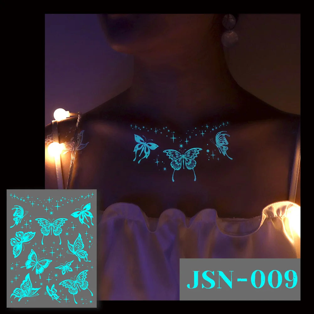 5pcs Blue Luminous Glow Waterproof Temporary Tattoo Sticker Moon Star Heart  Line Flash Tato Women Men Arm Body Art Fake Tattoos