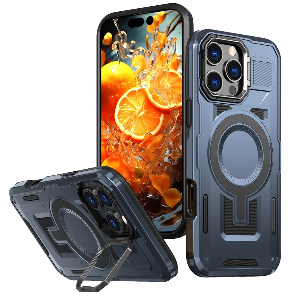 Luxurious Armor Case for iPhone 17 air 16 e 15 14 13 12 11 Pro Max Plus Magnetic Metal Stand Holder Kickstand Protective Hard Co