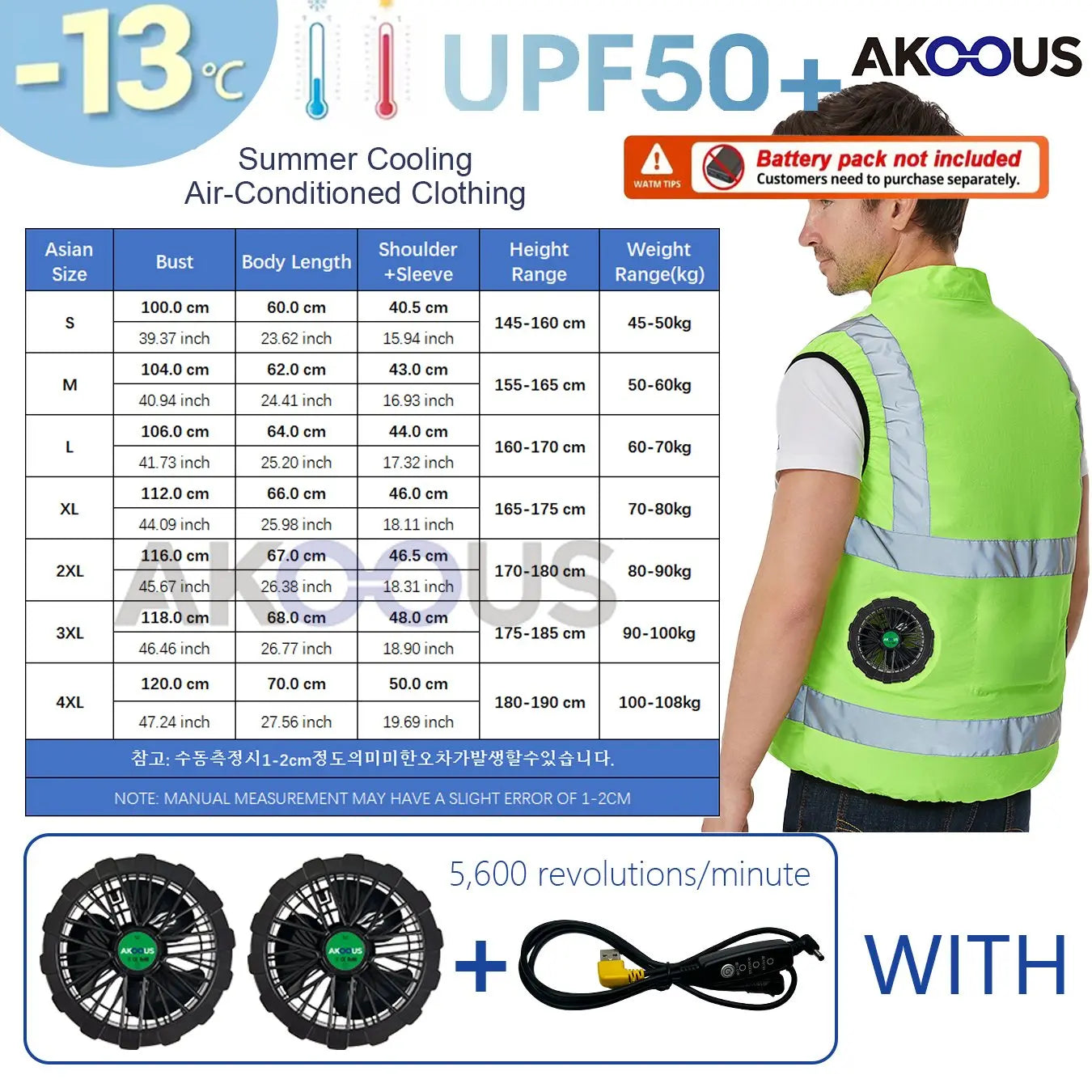 AKOOUS 6500 RPM 12V/5V USB 3-Fans Cooling Vest Air Conditioned Clothes Men Women Outdoor Work Fishing Body Cooling Jacket