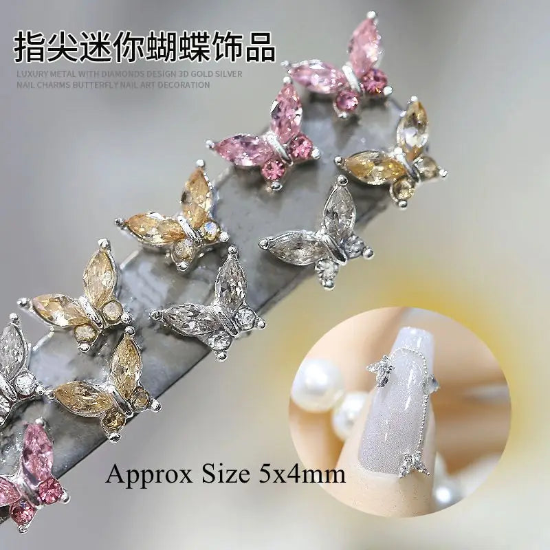 10PCS 3D Mini Crystal Butterfly Nail Art Charms Jewelry Parts Accessories Luxury Alloy Nails Decoration Rhinestones Supplies