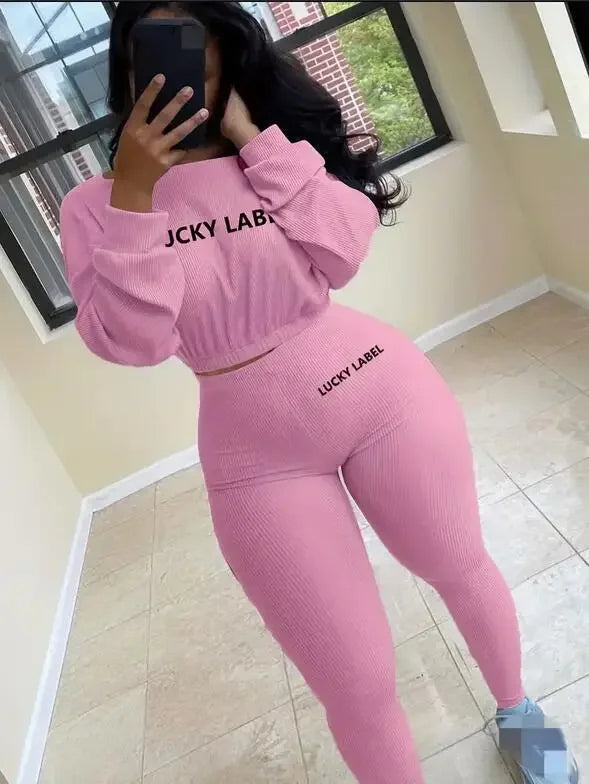 Fashion Summer Solid Lucky Label Letter Embroidery Two Piece Sets Women Sweatshirt+Leggings Casual Sporty Tracksuits Female