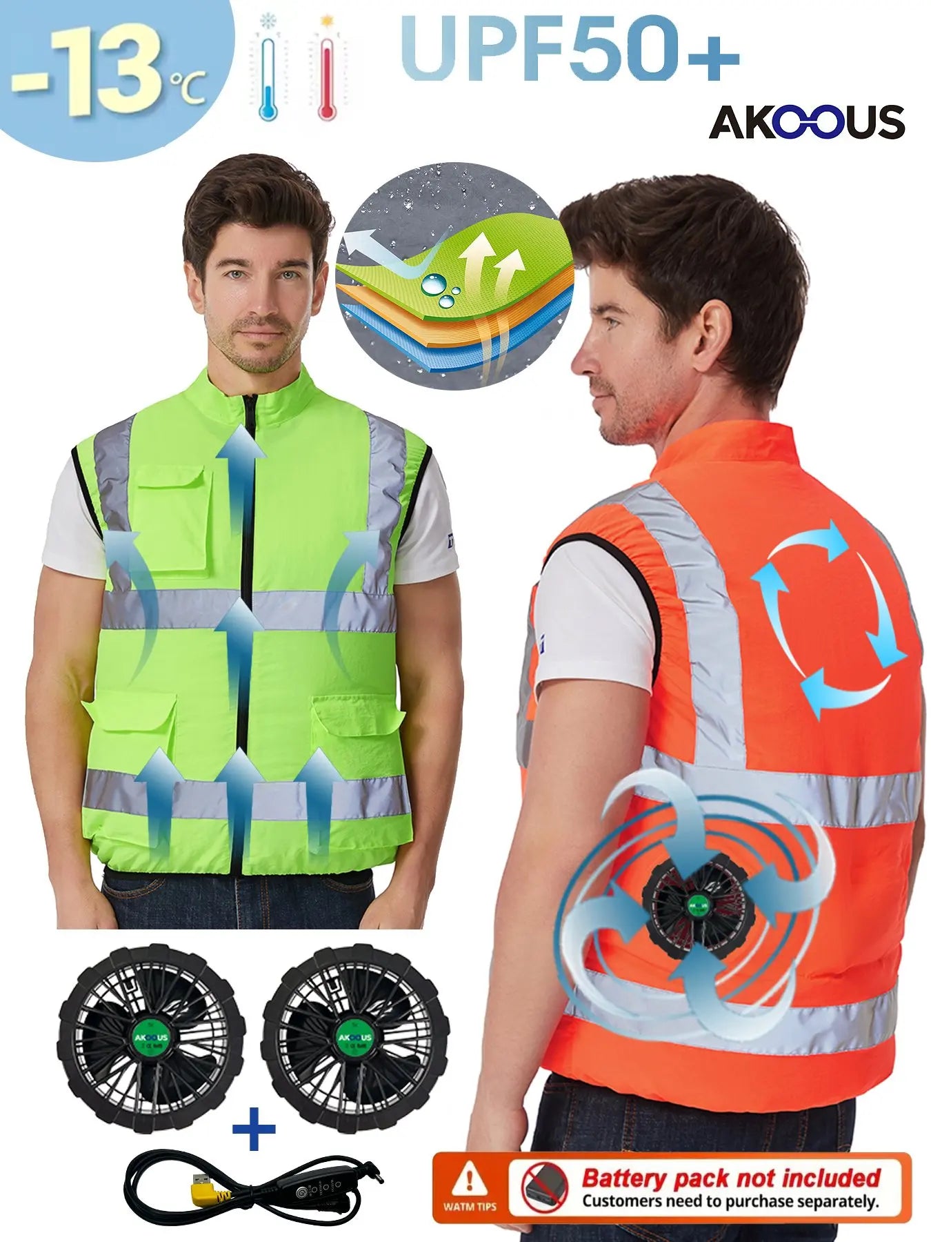 AKOOUS 6500 RPM 12V/5V USB 3-Fans Cooling Vest Air Conditioned Clothes Men Women Outdoor Work Fishing Body Cooling Jacket