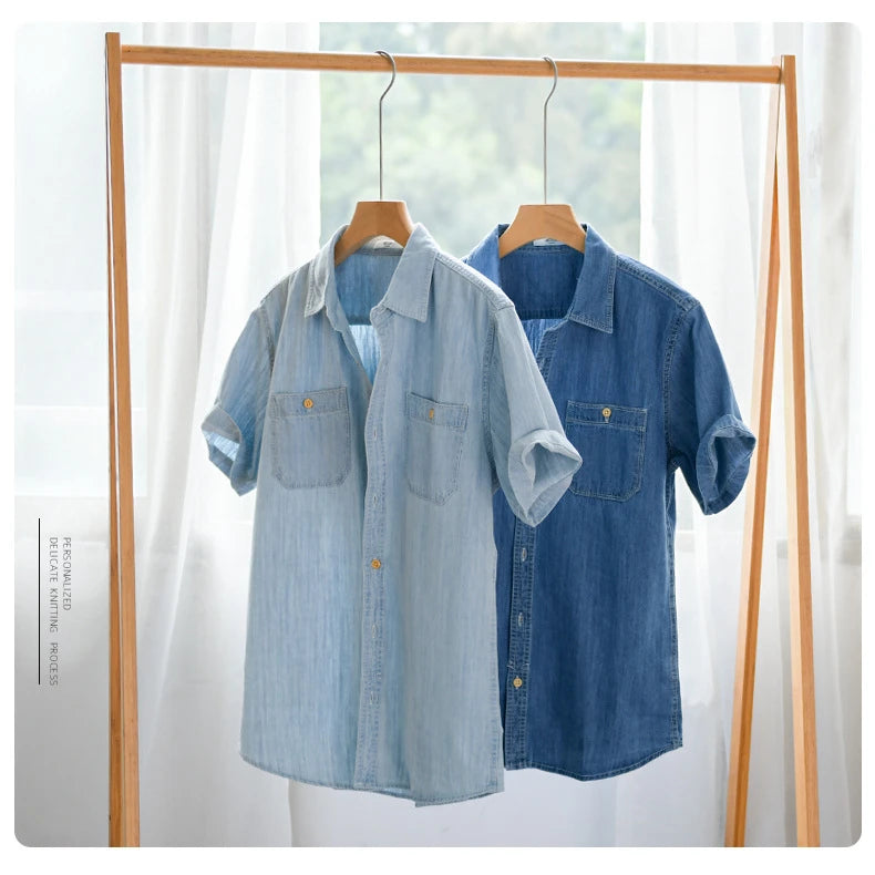 Summer New Casual Denim Short Sleeve Shirts Men Clothing Pure Cotton Slim and Thin Soft Streetwear FY9358
