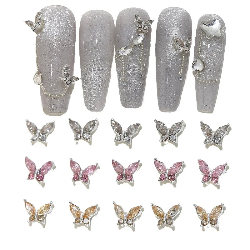 10PCS 3D Mini Crystal Butterfly Nail Art Charms Jewelry Parts Accessories Luxury Alloy Nails Decoration Rhinestones Supplies