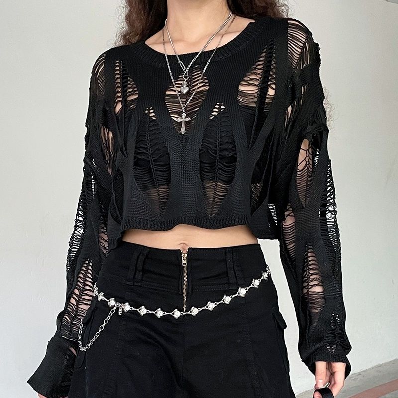 ITOOLIN Women Hole Hollow Out Y2K T-shirts Batwing Sleeve Knitted Shirt For Women Loose Streetwear Tops Spring Autumn 2024