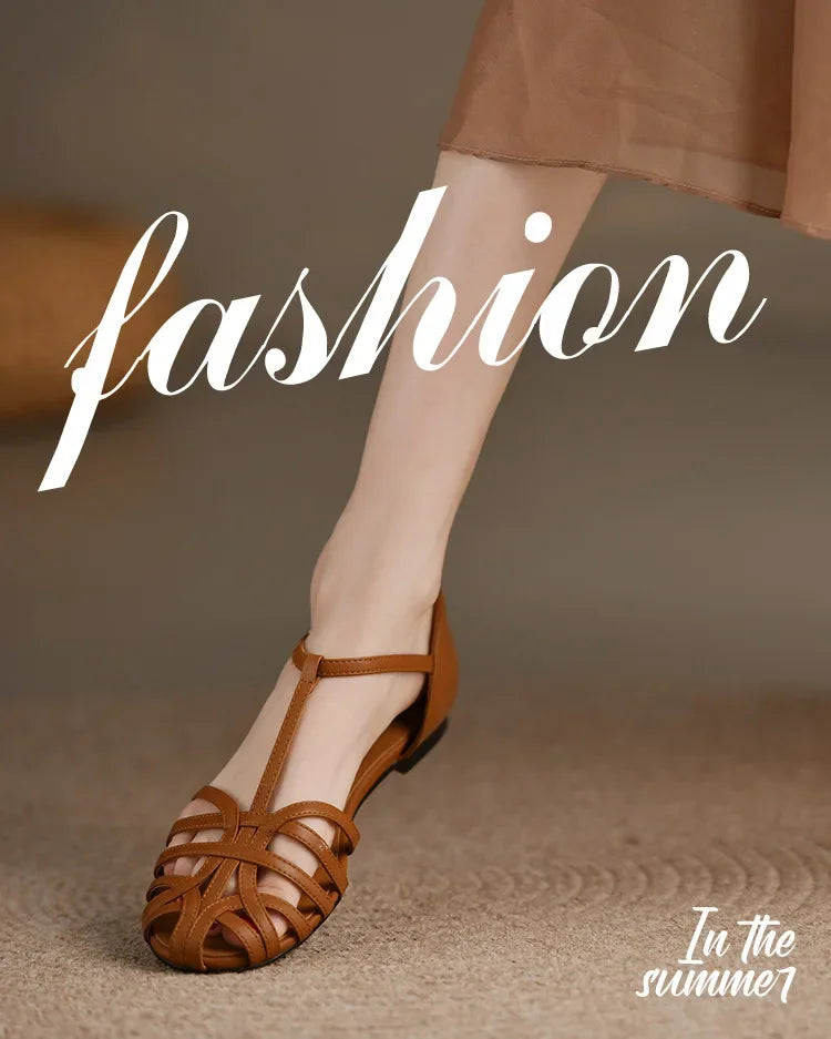 Shoes Female Sandal 2025 Women's Girls Beige New Summer Comfort Low Retro Flat Back Strap Square heel Rubber PU Scandals