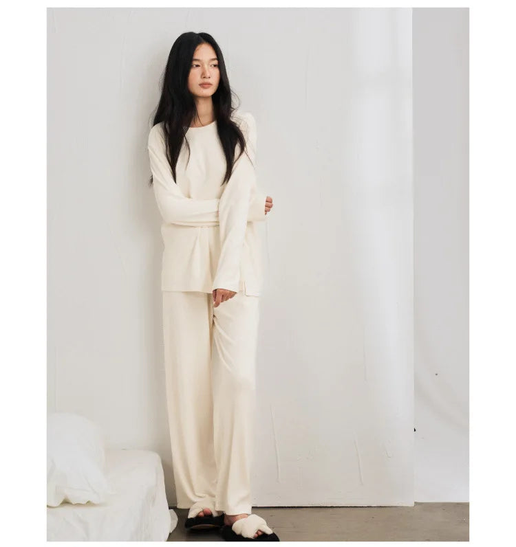 Autumn Winter Women Double-sided Brushed Pajamas T Shirt Pant Two Piece Set for home