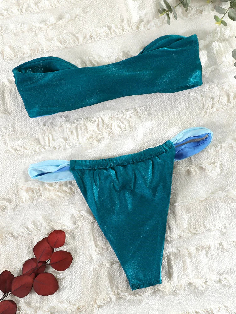 Rinabe Women's Swimsuit Solid Biquinis Off Shoulder Bikinis Women Low Waist Swimwear Pleated Bathing Suit Female Bikini Sets