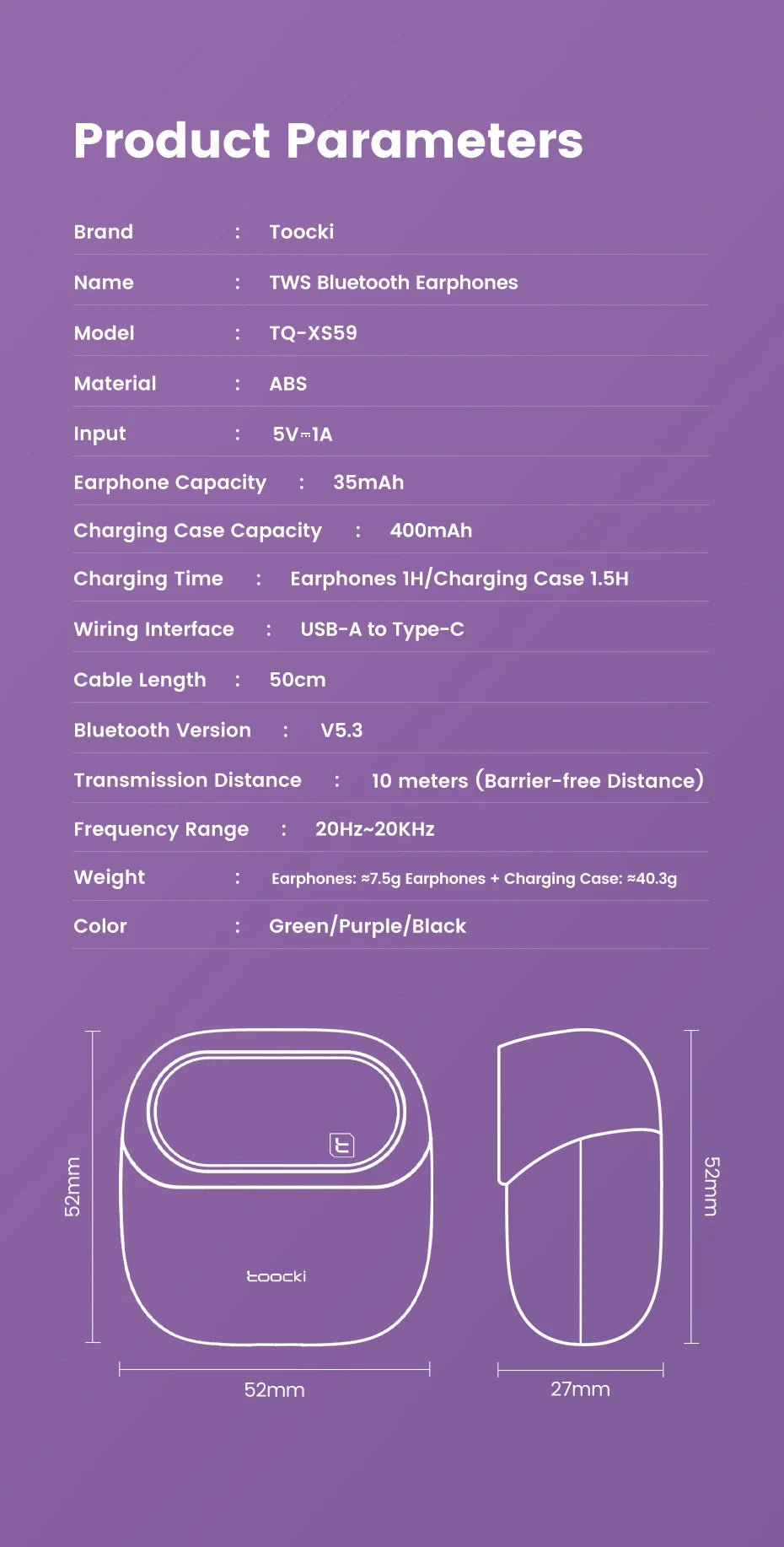 Toocki ENC TWS Earphones Wireless Bluetooth 5.3 HiFi Headphone Noise Canceling Toucn Contro Touch Control In Ear Sport Earbuds