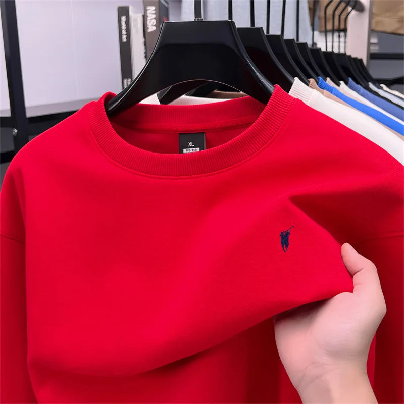 2025 New Men's Round Neck Printed Casual Long Sleeve Hoodie Solid Color Versatile Fleece Loose Casual T-Shirt